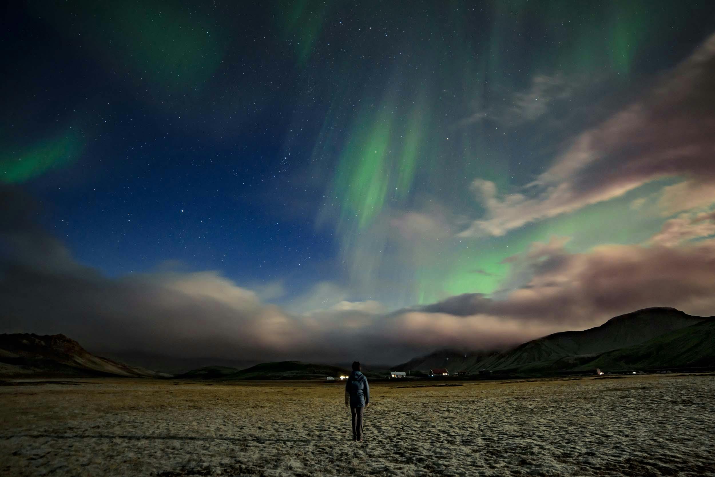 Mensch, landschaft, Polarlichter, Island