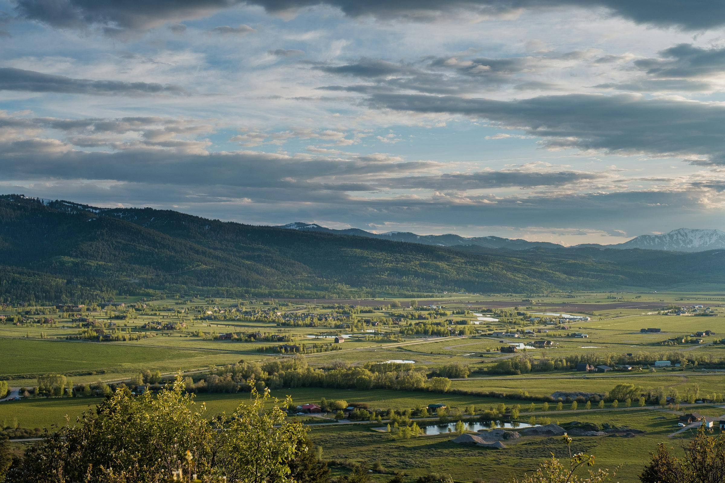 Aerial view of the city of Victor, Idaho at dusk