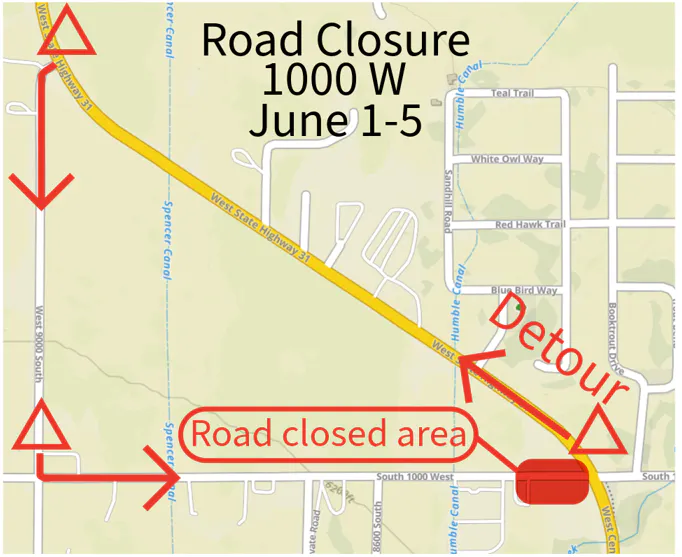 Map showing detour