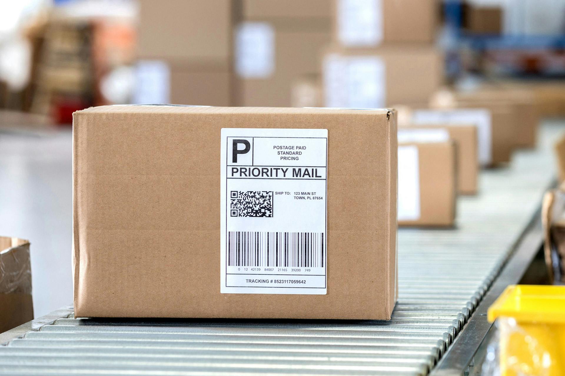 Automated data capture of consignments: A parcel with an address label on a conveyor belt.