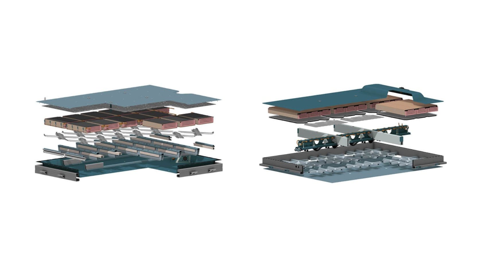 Conception de compartiment de batterie « plateau » (gauche) et conception sur cadre en acier (droite)