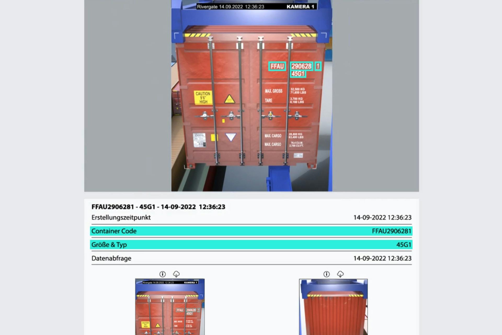 Mit OCR Technologie wird die Containernummer erkannt und die erfassten Daten dem Kundensystem digital bereitgestellt