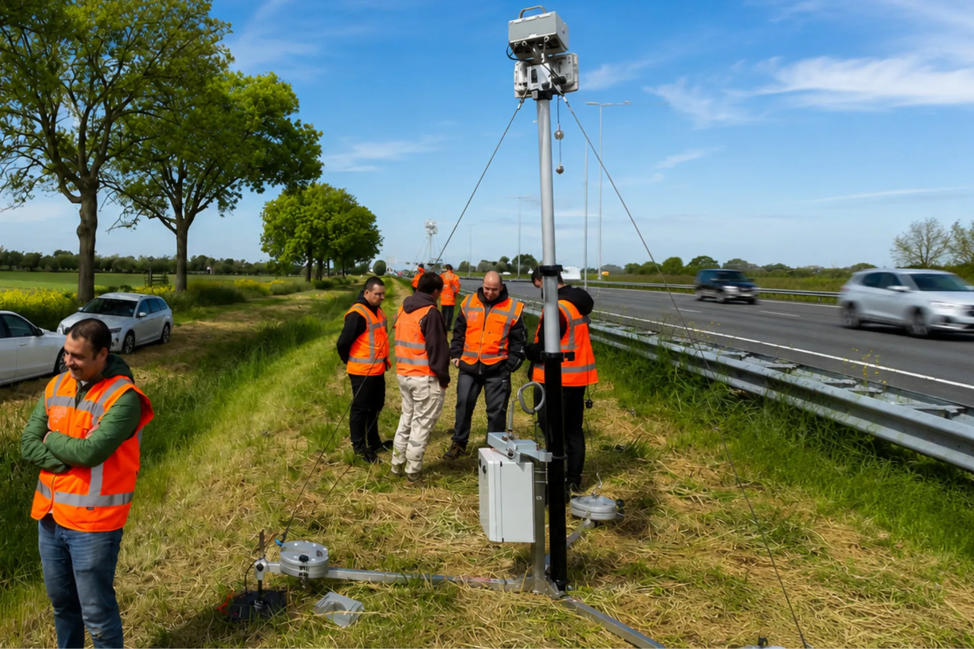 Mobile truck toll enforcement system by VITRONIC deployed beside a Dutch highway for automated toll compliance checks.