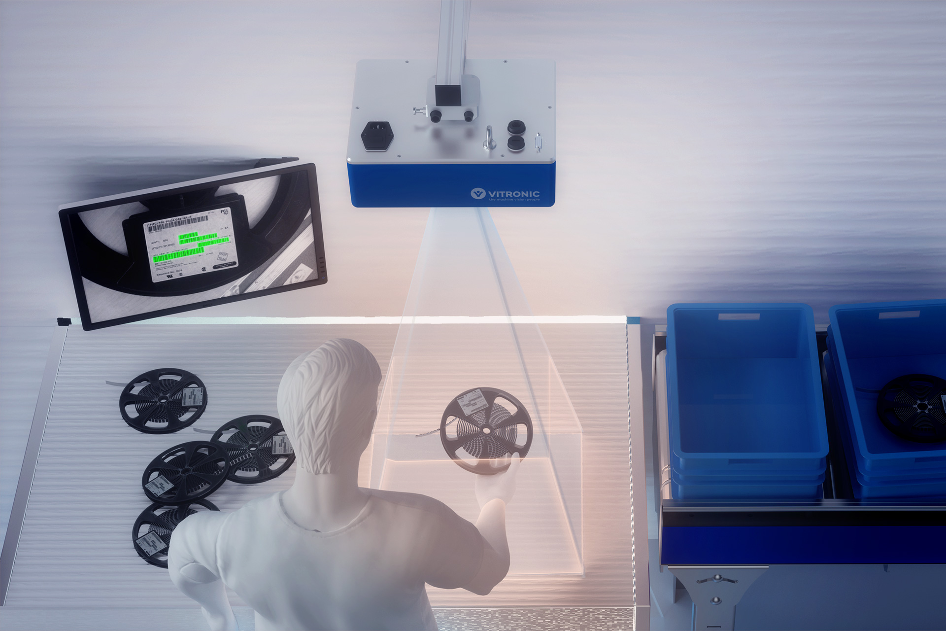 SMD 릴 바코드 식별: VITRONIC 자동 ID 시스템은 한 번의 작업으로 모든 코드를 캡처합니다.