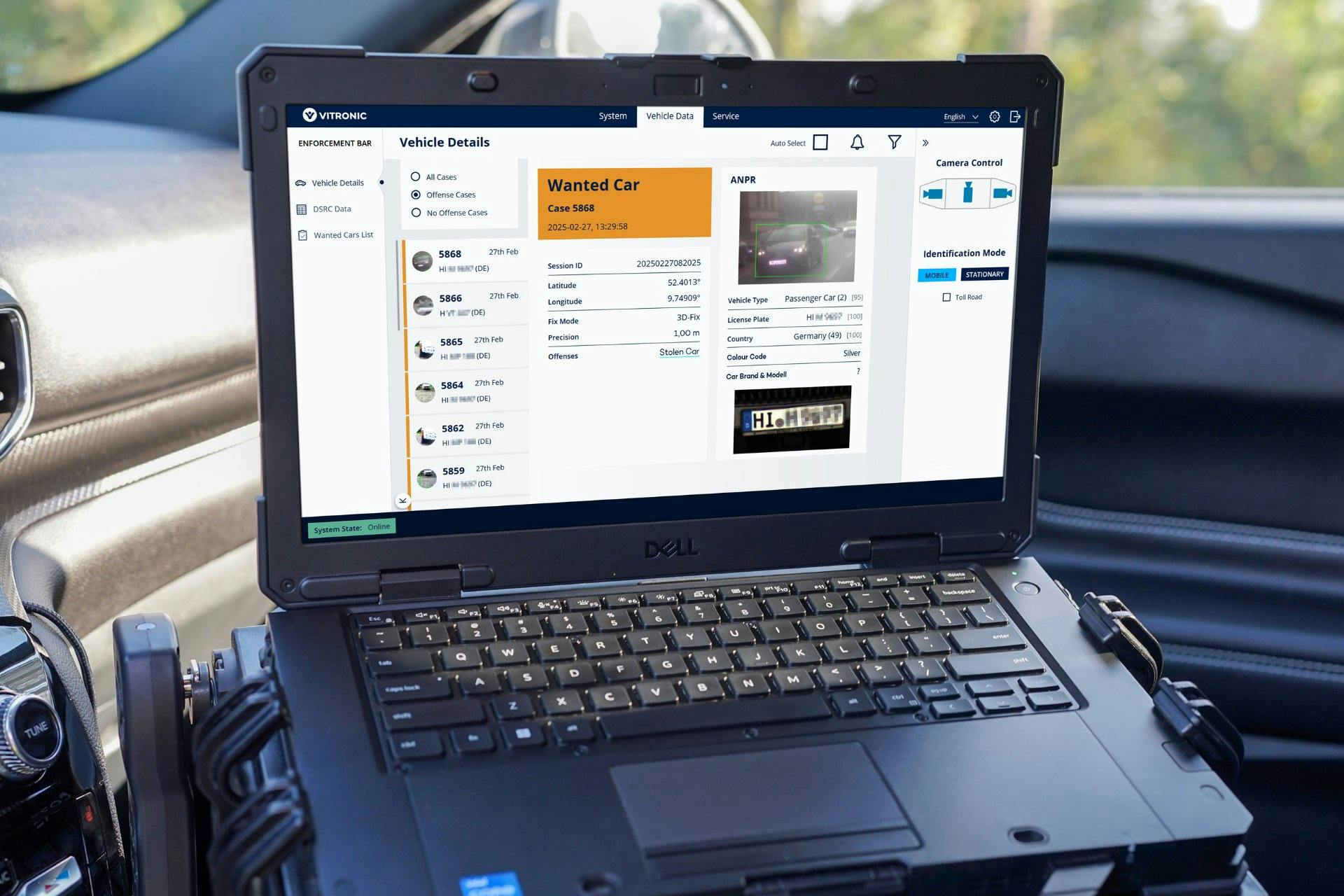 Notification of a wanted vehicle captured by the Poliscan Enforcement Bar – VITRONIC