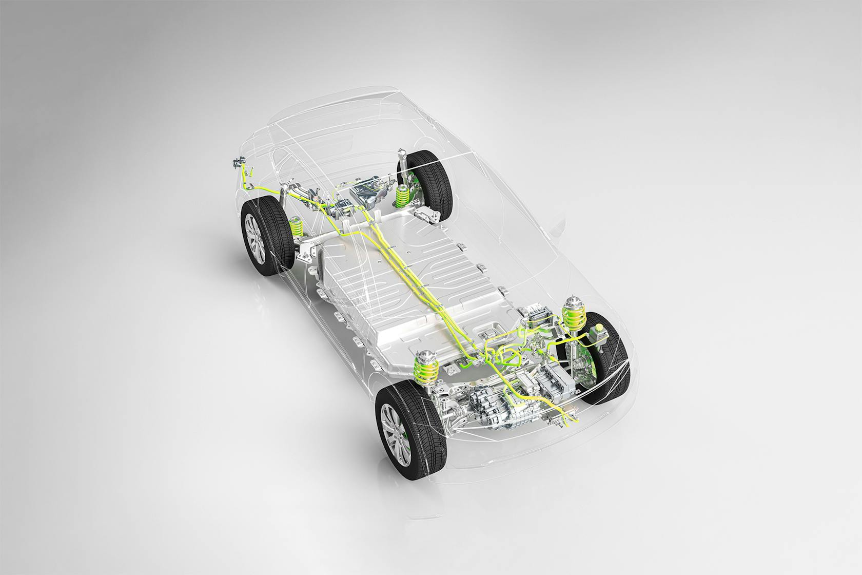 سيارة ذات هيكل شفاف يظهر المحرك الكهربائي وتكنولوجيا البطارية