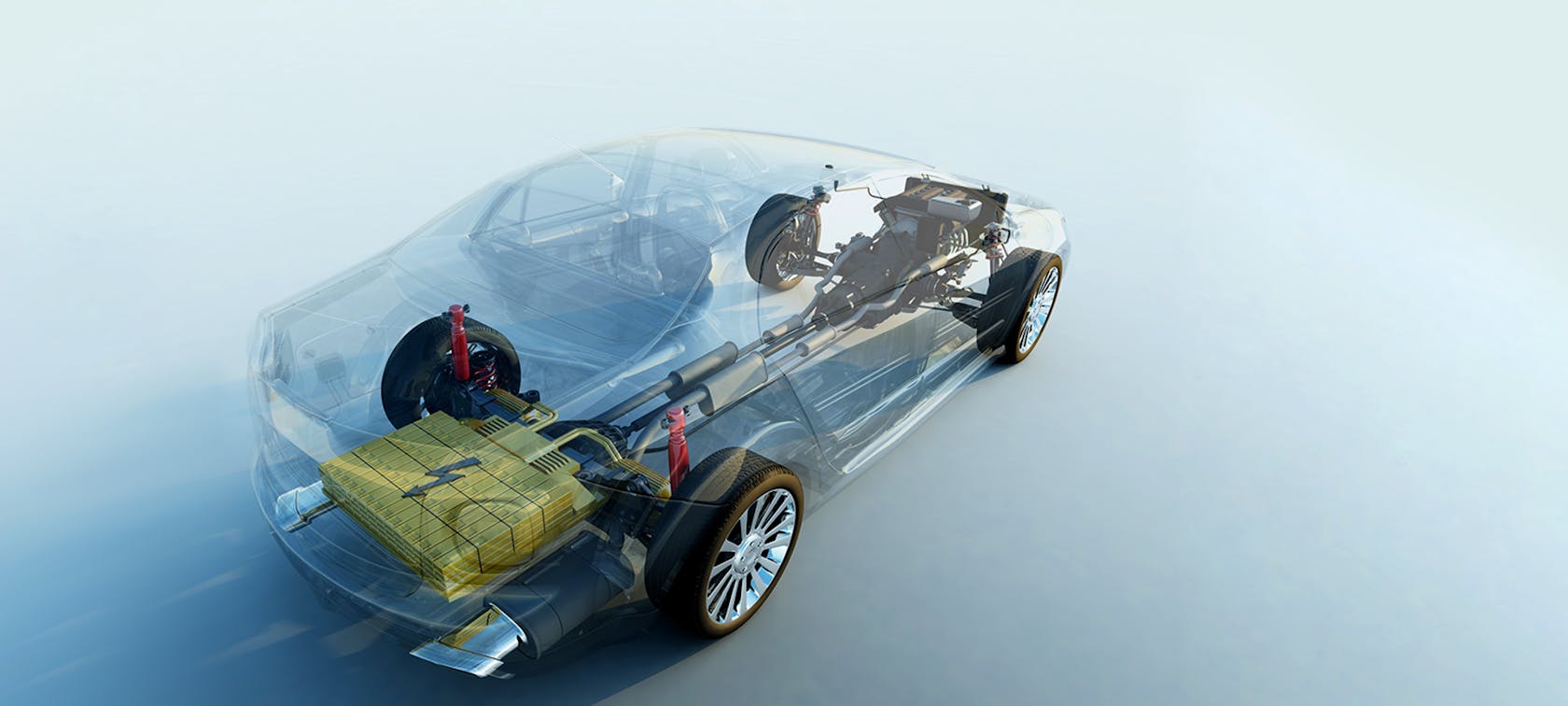 سيارة ذات محرك كهربائي وهيكل شفاف وتتحرك بشكل مائل عبر الصورة