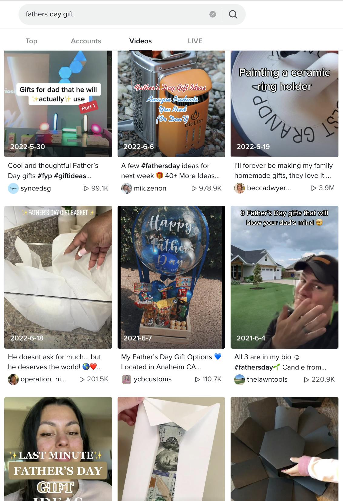 Searching fathers day gift on tiktok and showing tiktok marketing ideas from the results