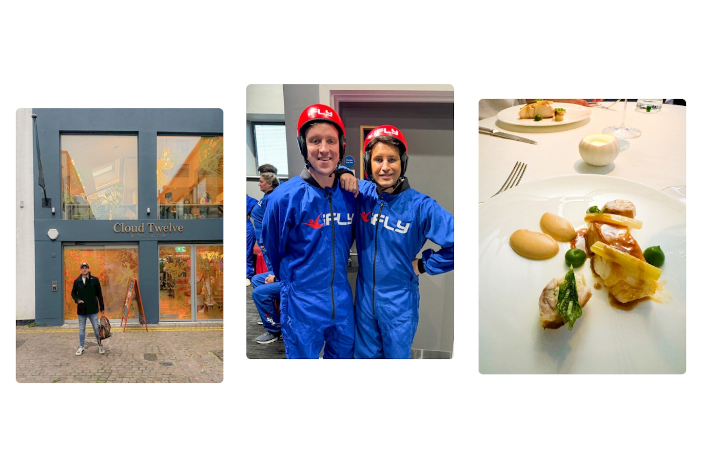 A trio of images showing Ollie Locke and his husband Gareth enjoying a spa, iFly and dinner.