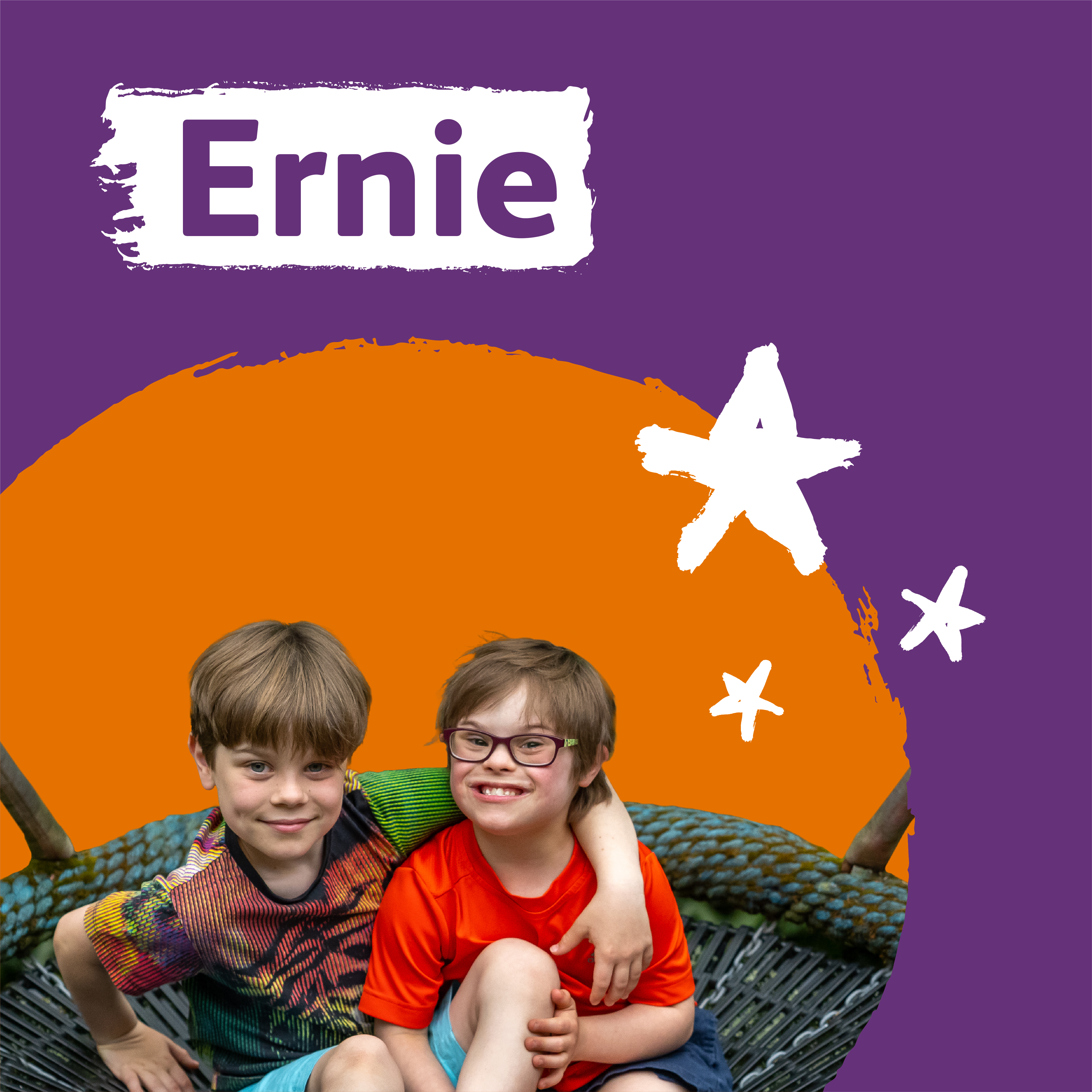 Ernie - Two boys sit on a swing with their arms round each other. The name Ernie is written above them.