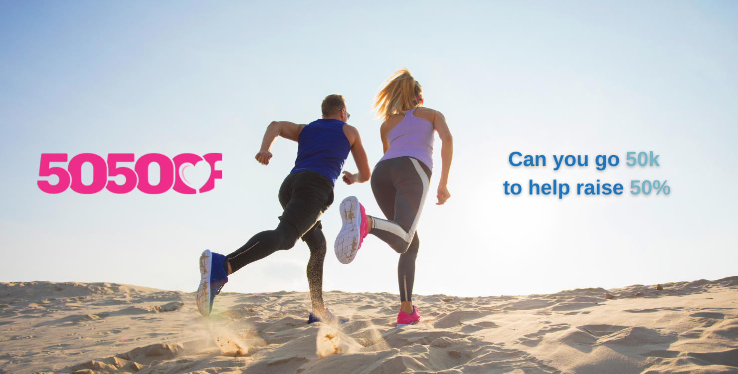 Man and woman jogging on sand - tag line says, Can you go 50K to help raise 50%