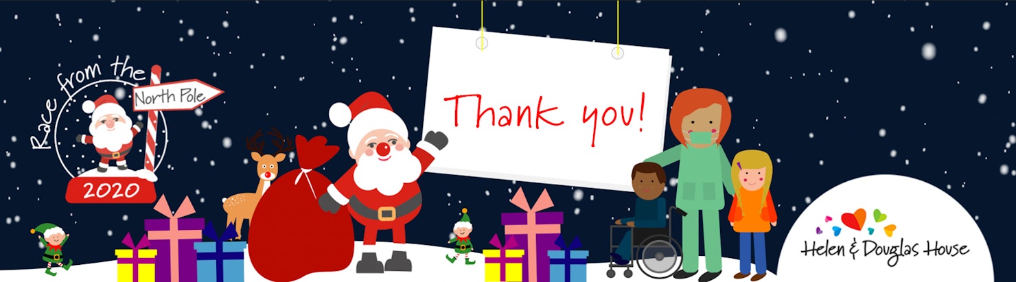 Santa surrounded by presents with a family and a thank you sign