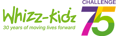 Whizz Kidz logo left, challenge 75 logo right.  Text underneath whizz kidz logo says 30 years of moving lives forward.