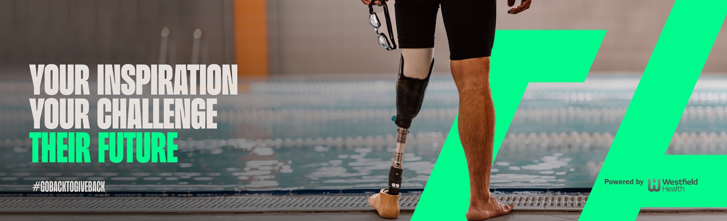Image of a pair of legs standing infront of a swimming pool, one is amputated, with the text 'Your inspiration, your challenge, their future' over the top