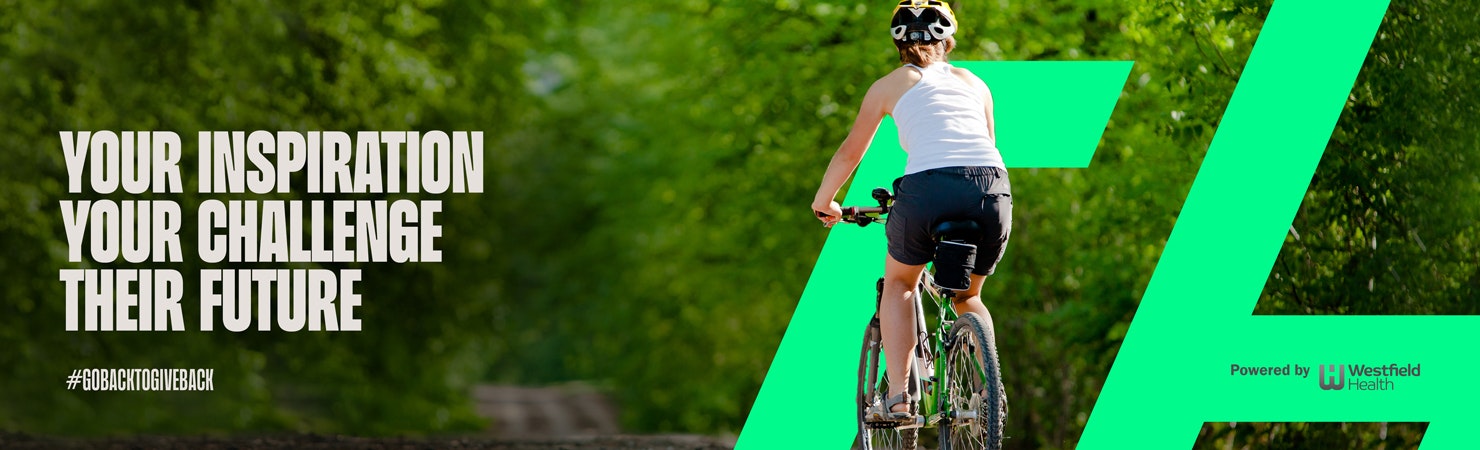 Person riding outdoors in a leafy area with the words 'Your Inspiration ,Your challenge, their future' over the top.