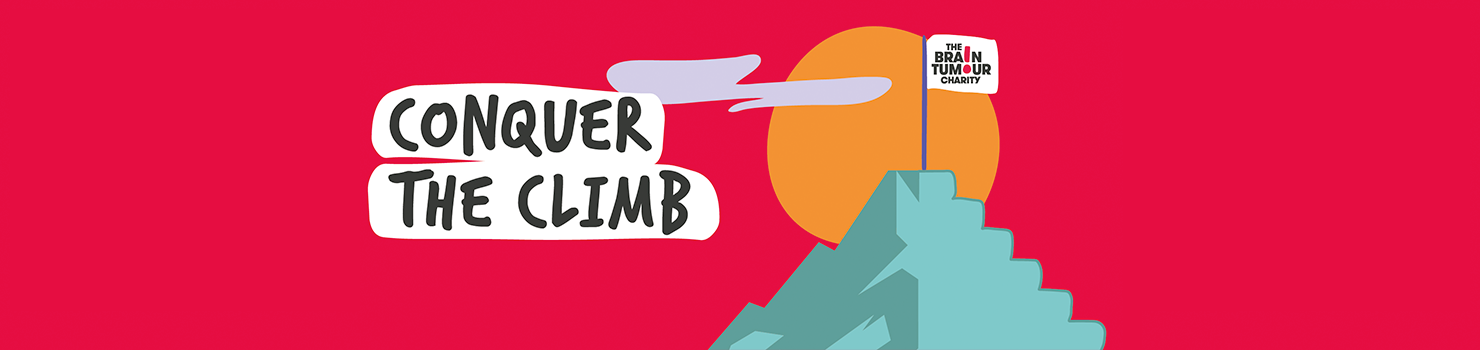 Conquer the Climb - Illustration of mountain with the sun behind it and a flag on the summit saying The Brain Tumour Charity.