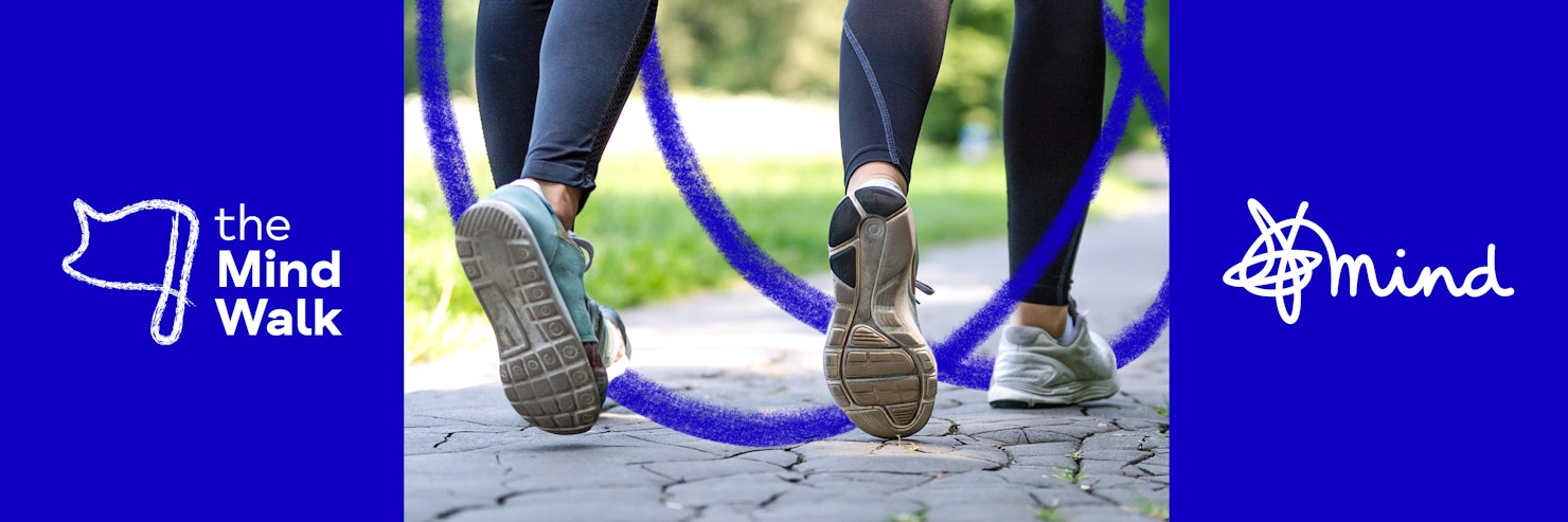 The Mind Walk banner- Blue banner with an image of two pairs of legs walking forward