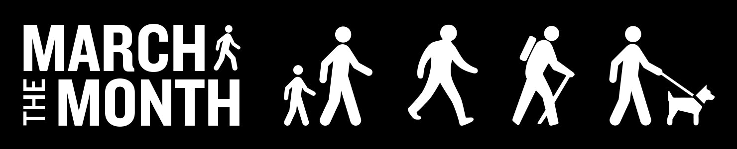 Black March the Month banner with white icons of people walking to the right