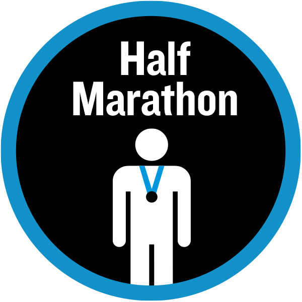 Half marathon badge with figure wearing a medal