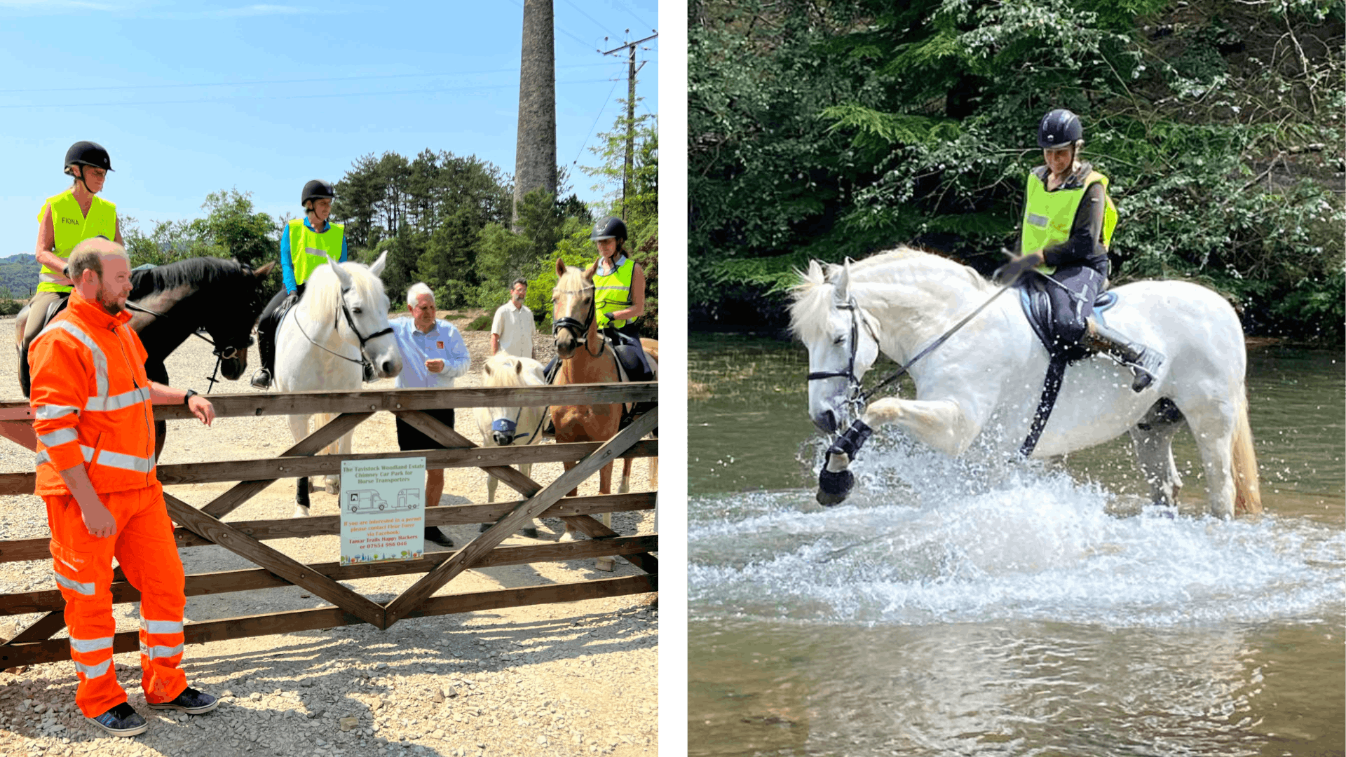 group of horseback riders, another rider in splashing water