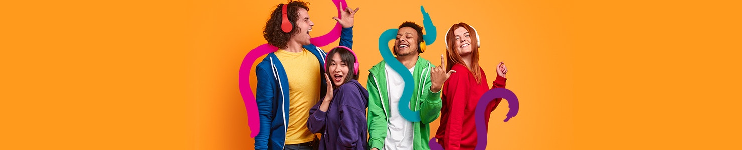 Barnardo's Dance Challenge Banner - Young people in bright coloured tops wearing headphones and listening to music