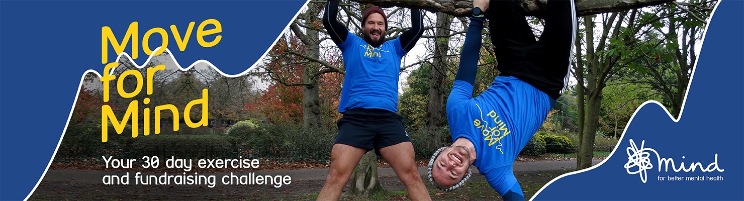 Move for Mind - two men hanging from a tree branch, one of them upside down.