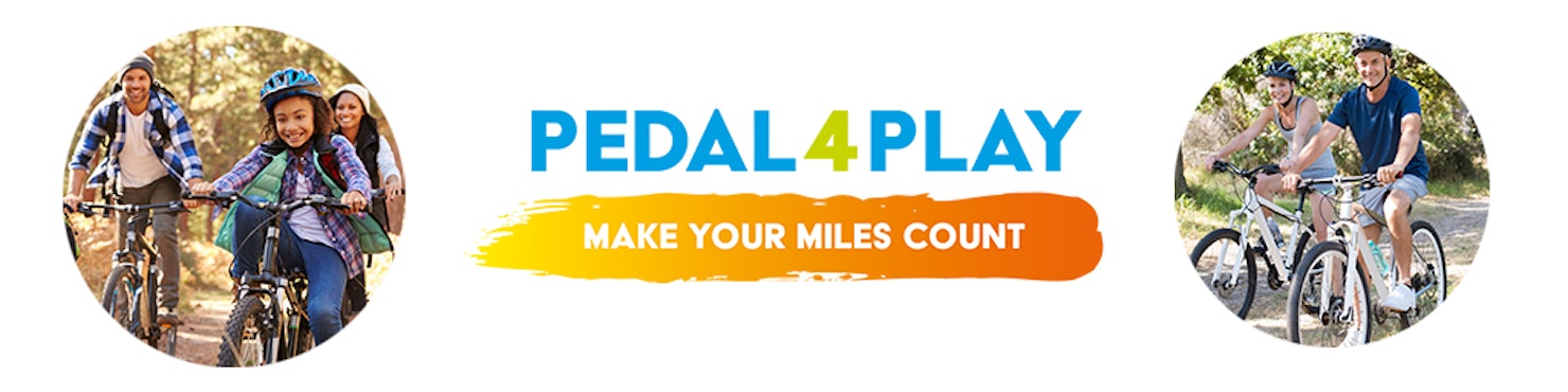Pedal for Play banner image with the logo in the centre and images of families cycling either side 