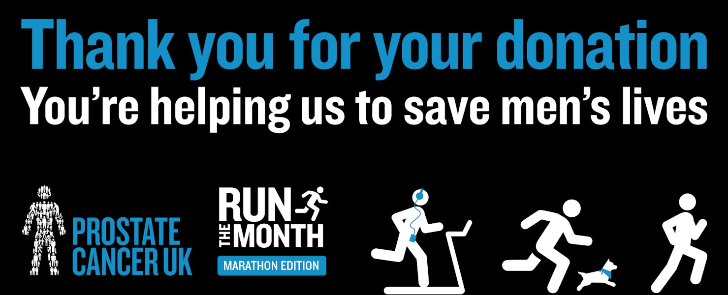 thank you banner "Thank you for your donation - you're helping us to save mens lives" with running men icons below the text