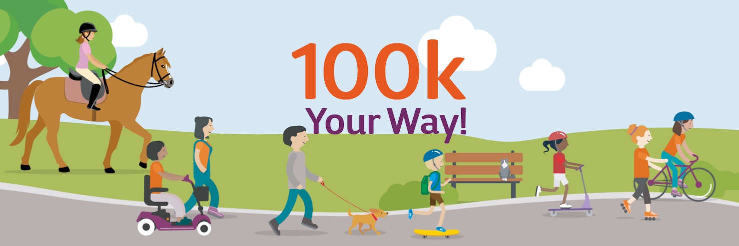 100k your way banner featuring people taking part in the challenge; a man walking his dog, people riding bikes and a person riding a horse.