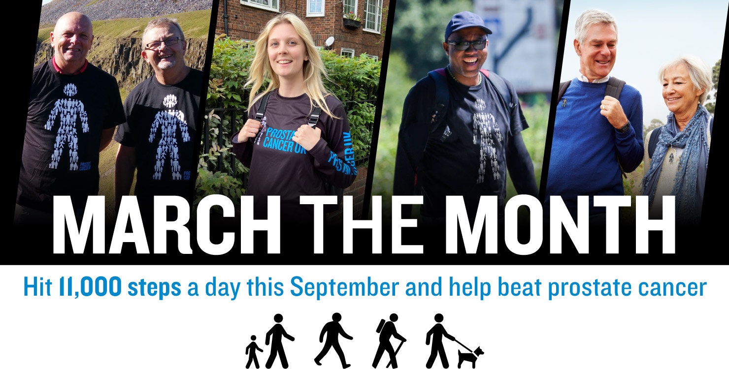 March the Month banner with a collage of people marching at the top and icons of people walking at the bottom