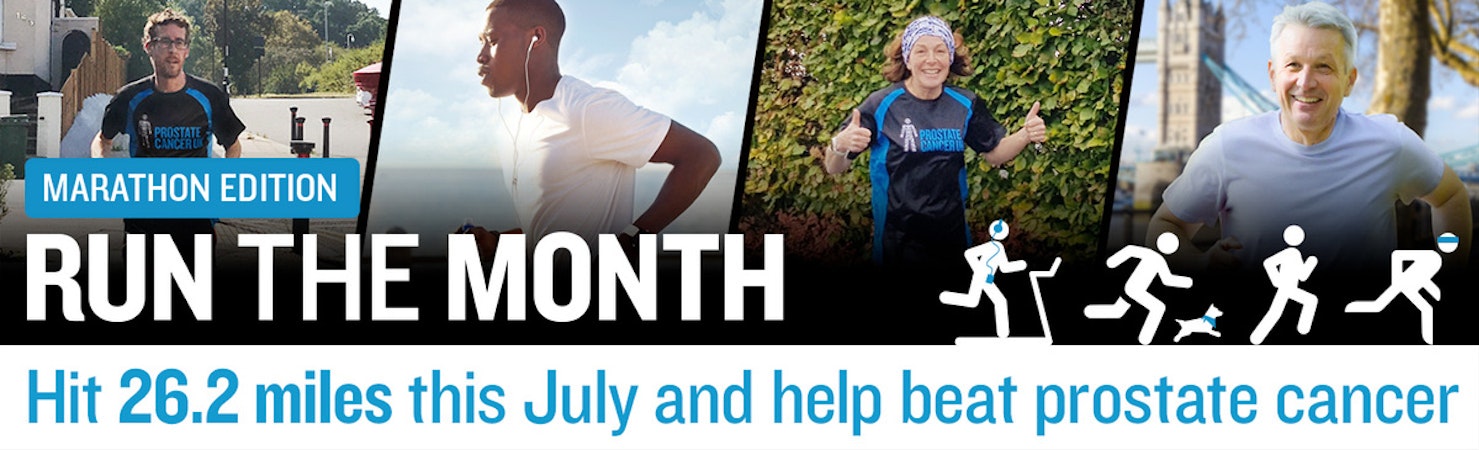 Prostate Cancer UK Run the Month banner with four people running in different locations collaged together
