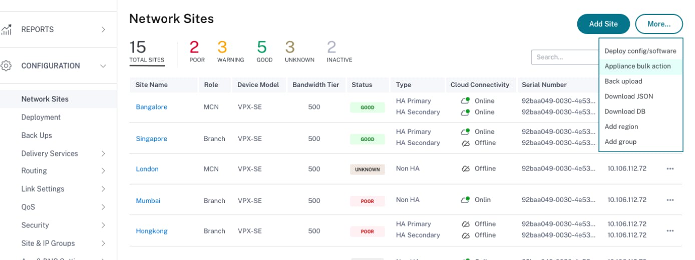 SD-WAN Orchestrator - Appliance bulk action