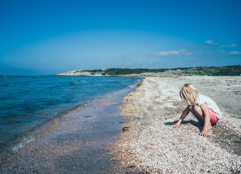Ett barn letar snäckor på stranden i Halland.