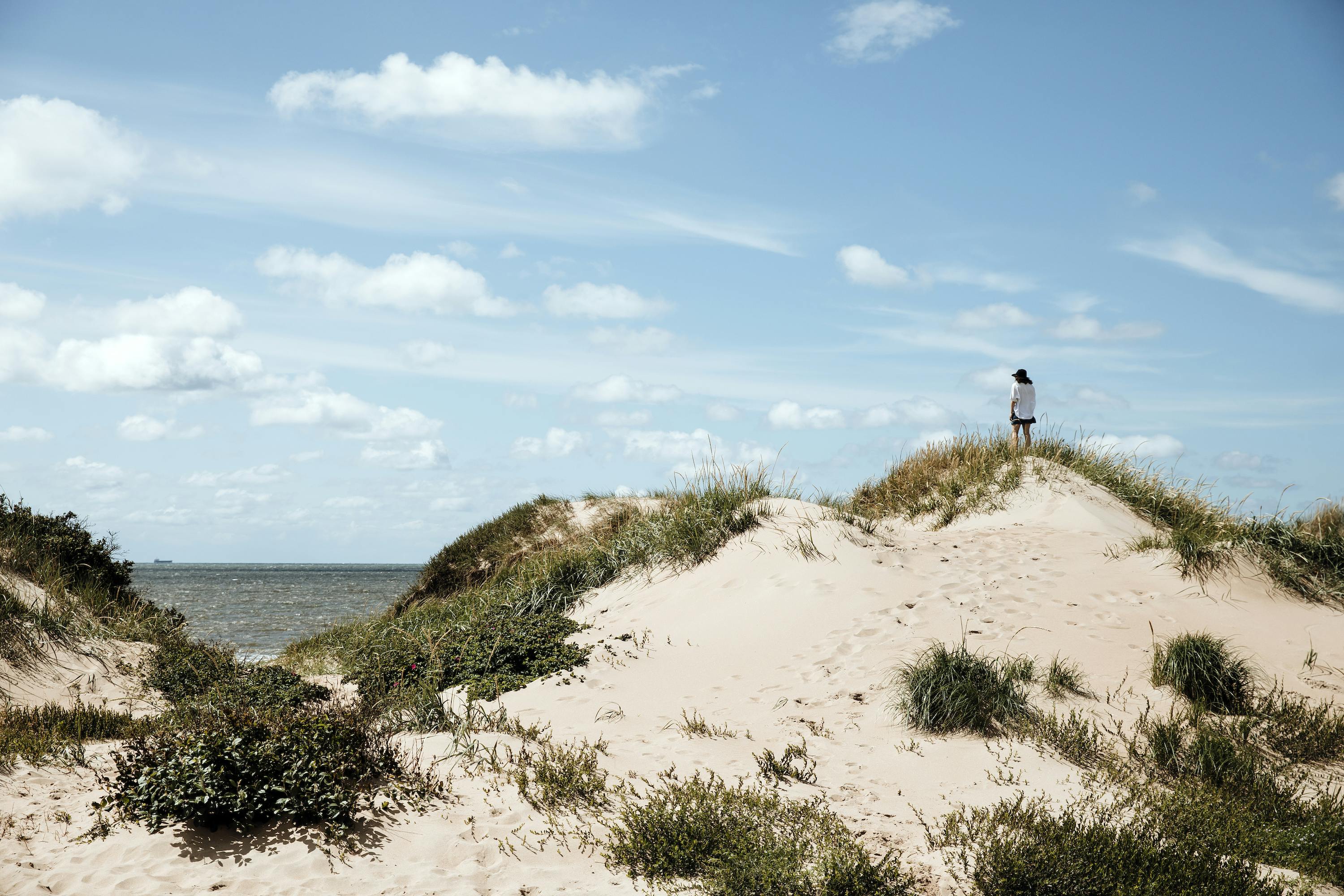 En person står på en sanddyn och blickar ut över havet i Halland