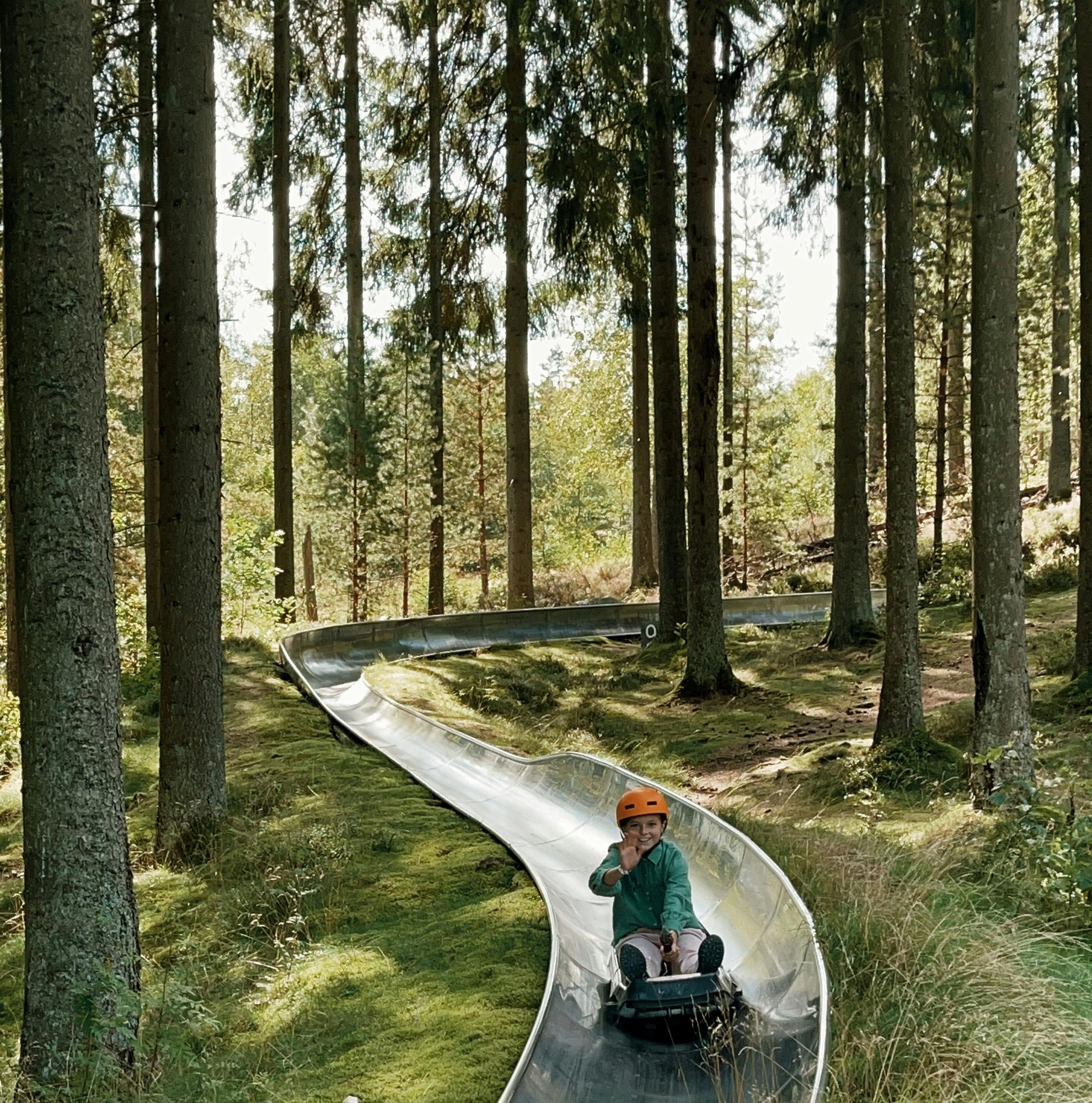 På Kungsbyggets äventyrspark i Laholm kan du åka rodel.