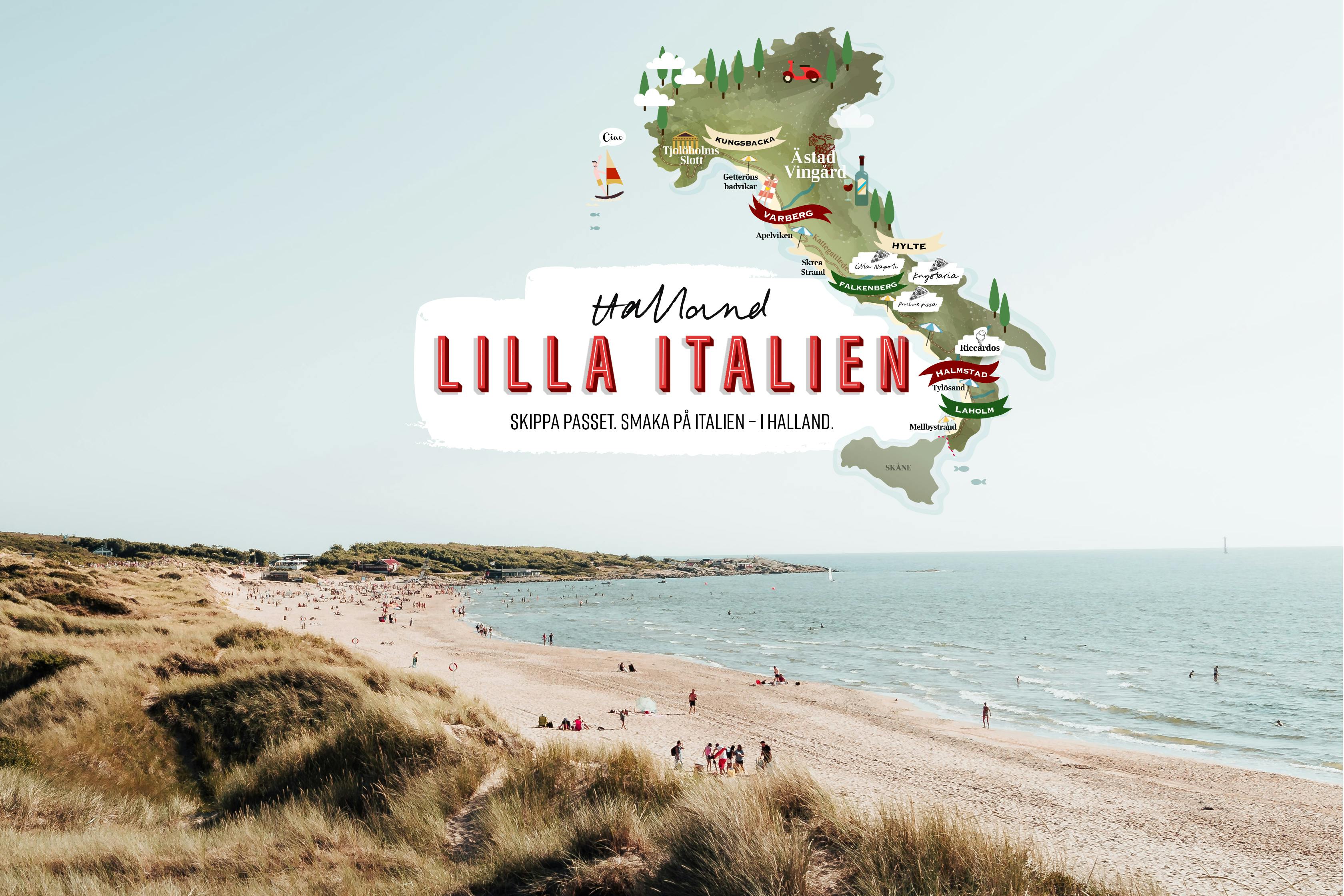 Karta över Italien men med halländska ortnamn och besöksmål, "Lilla Italien".