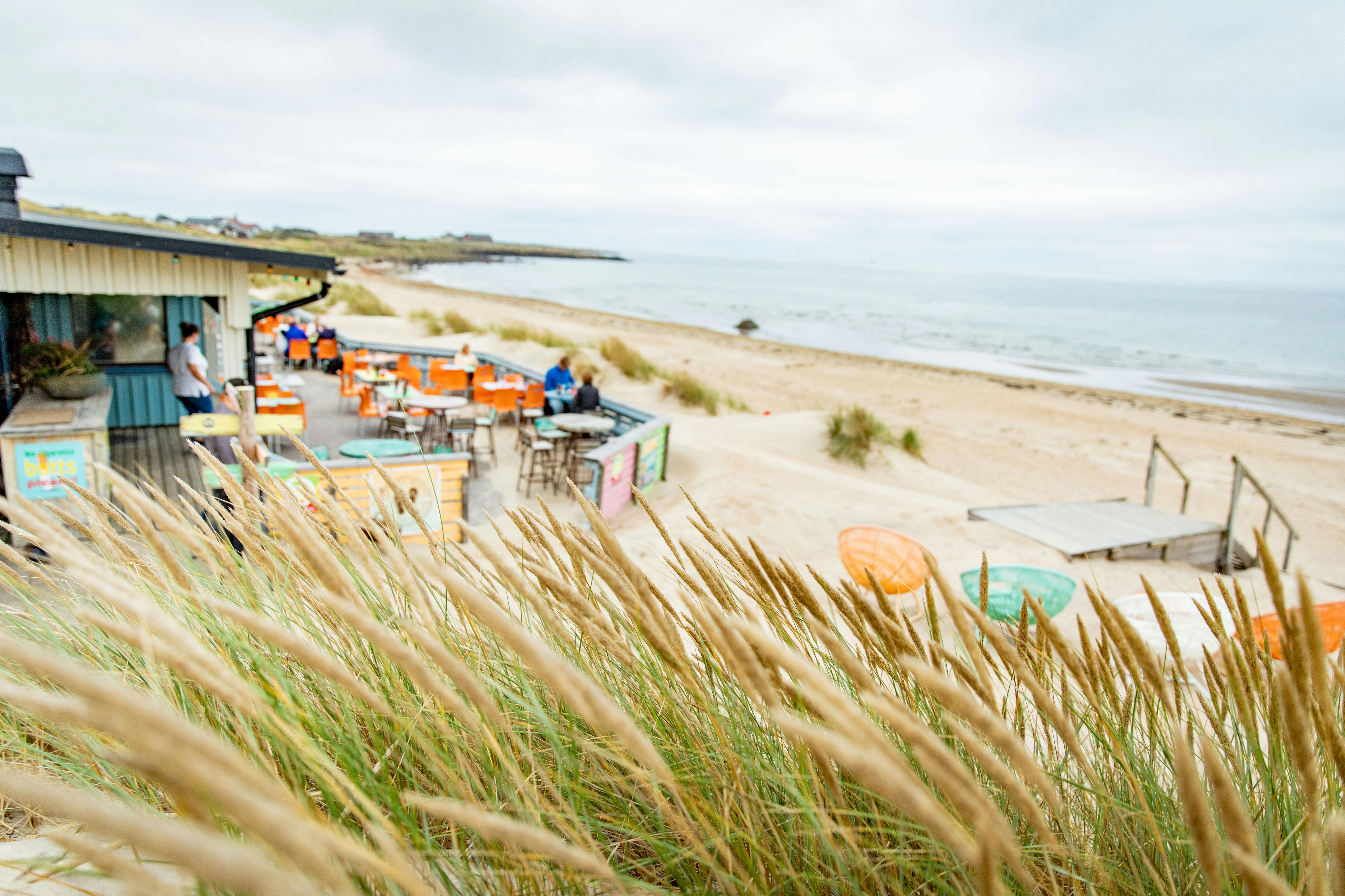 Olofsbo strand, sandstrand och hav och en strandrestaurang