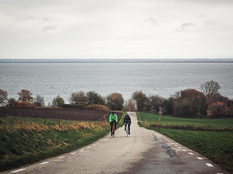 Två personer cyklar på böljande vägar längs havet.