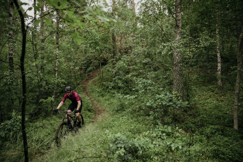En cyklist cyklar Mtb mitt i skogen i Halland.