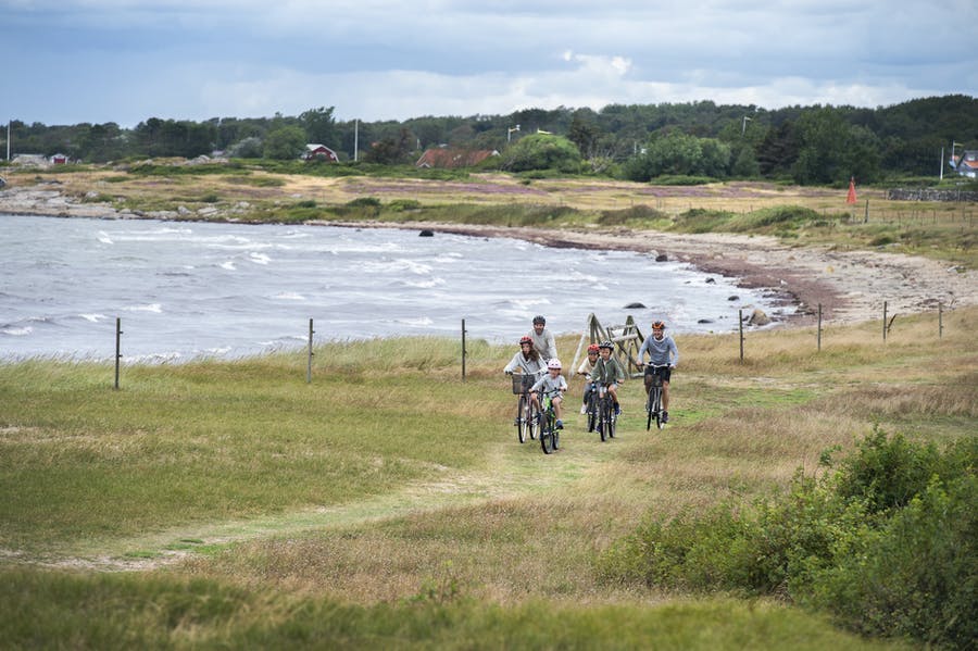 Barn och vuxna cyklar längs kusten.
