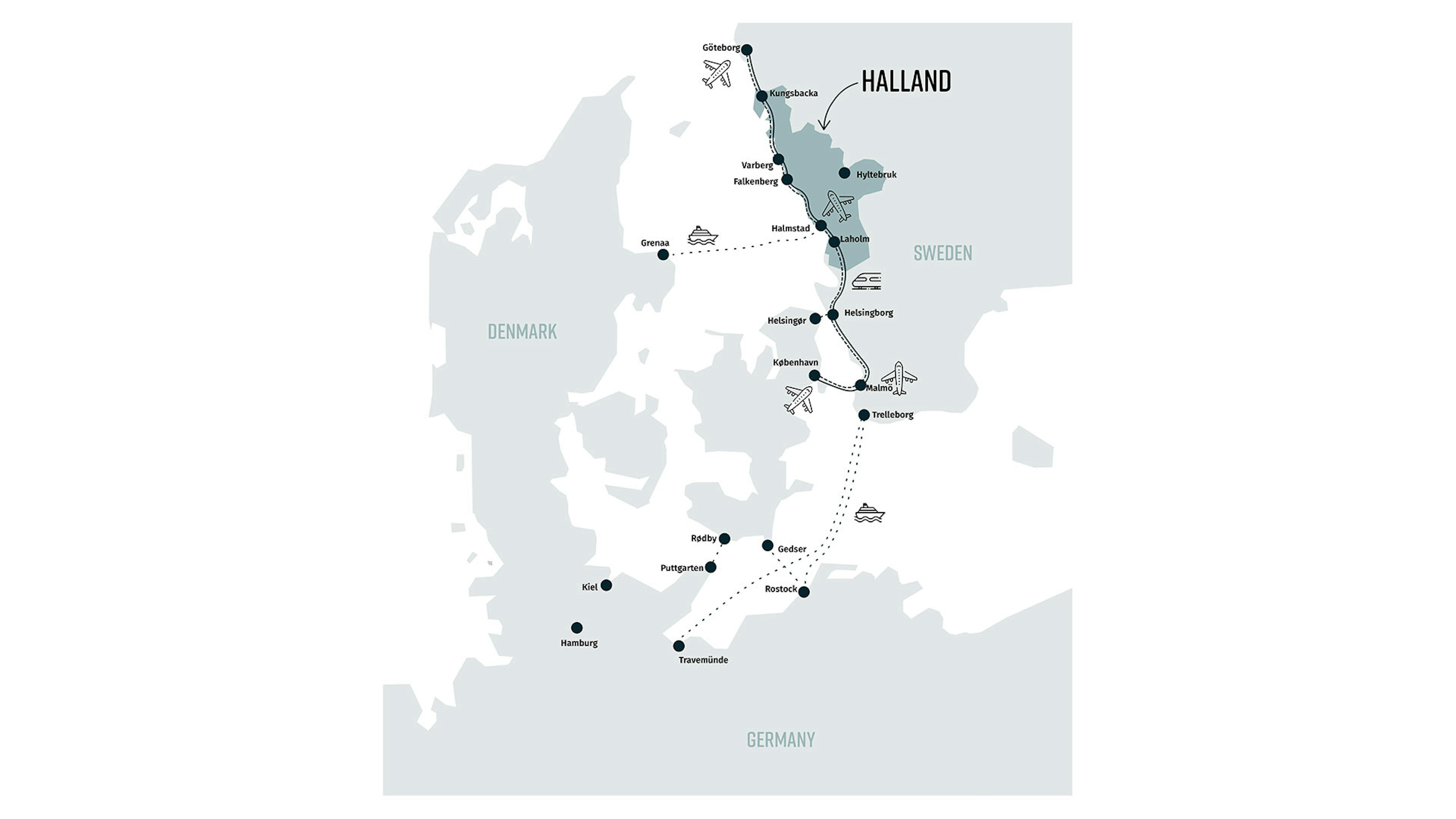 Karte von Dänemark, Norddeutschland und Südschweden mit Routen nach Halland.
