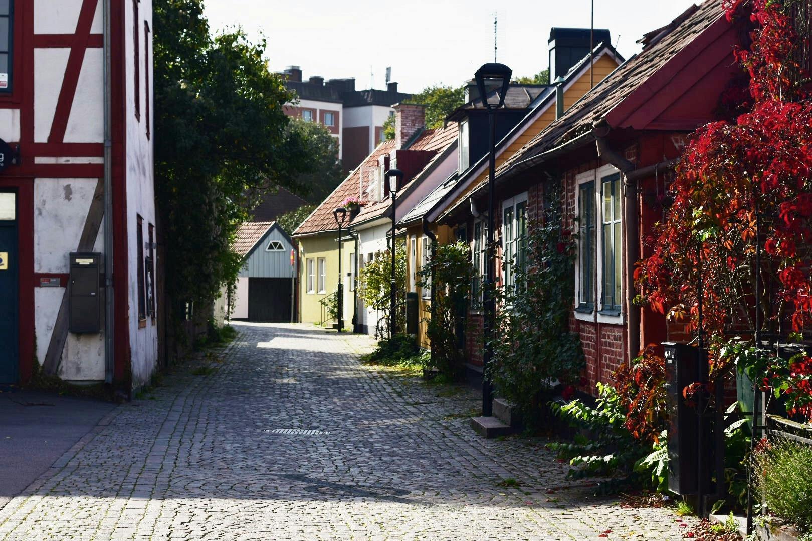 Kullerstensgatan slingrar sig med färgglada hus på båda sidor.