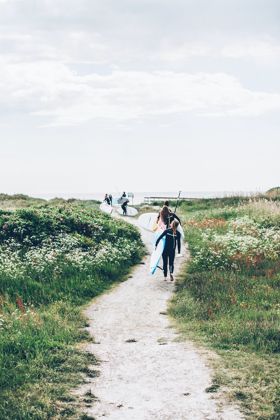 Ett kompisgäng går ner mot havet med surfbrädan under armen.