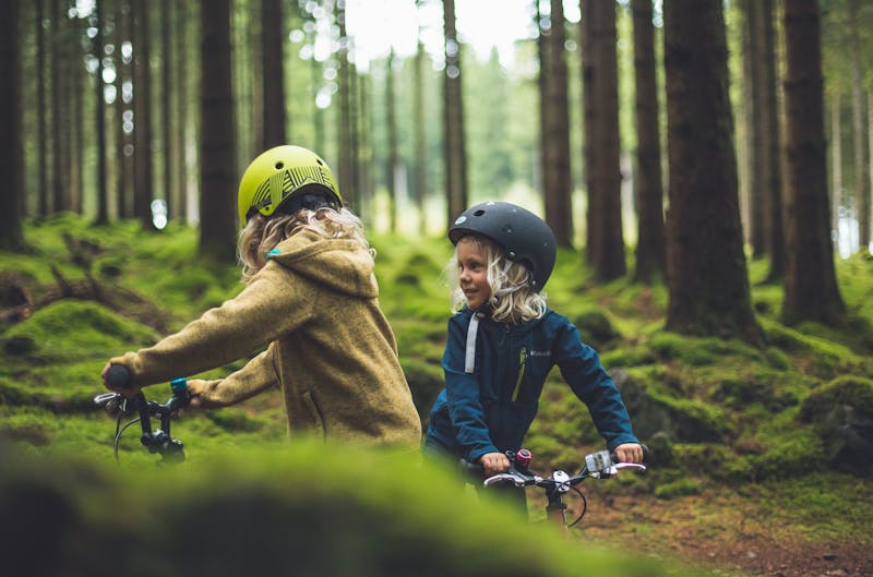 Barn cyklar i skogen