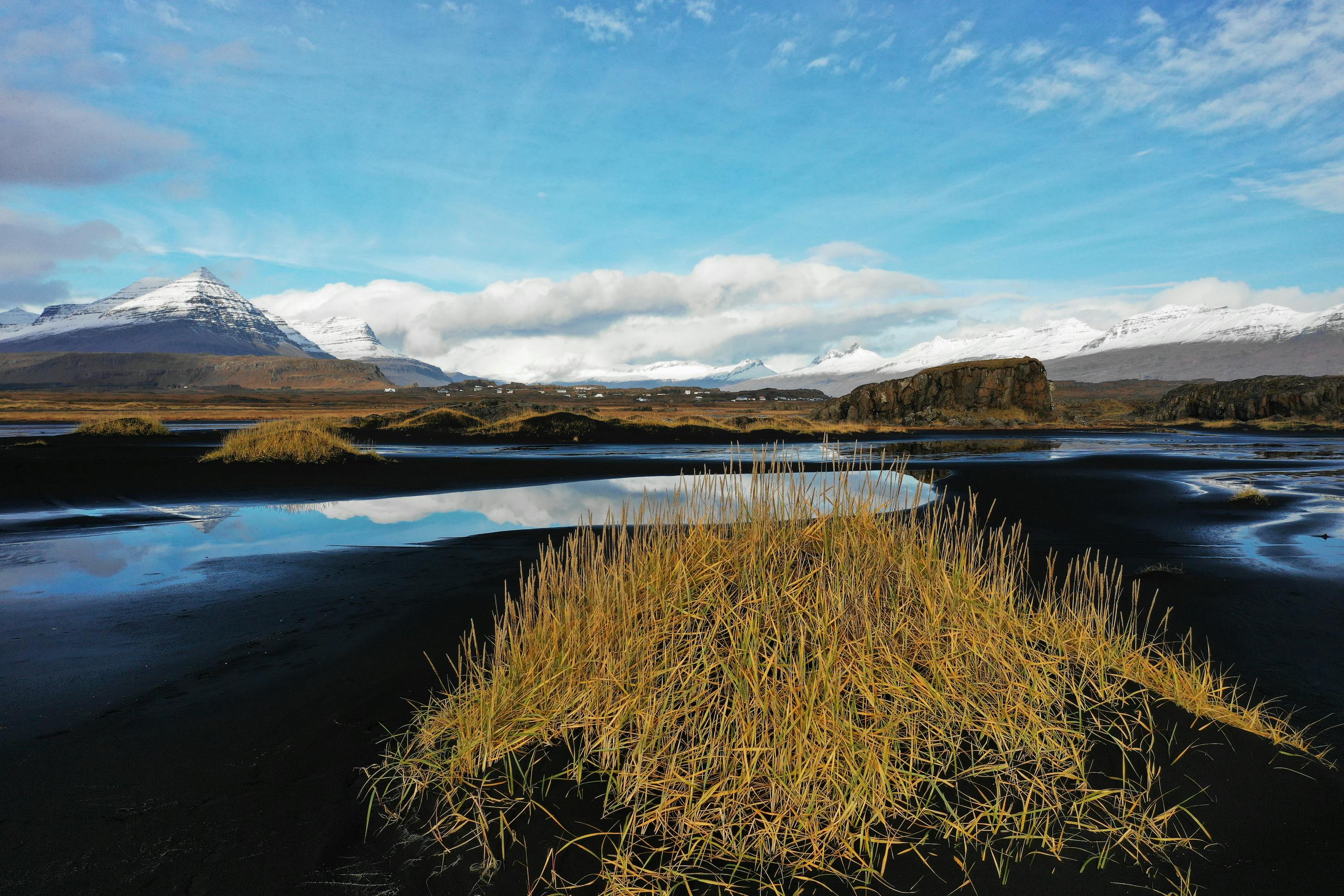 Black sand beach with grass dunes