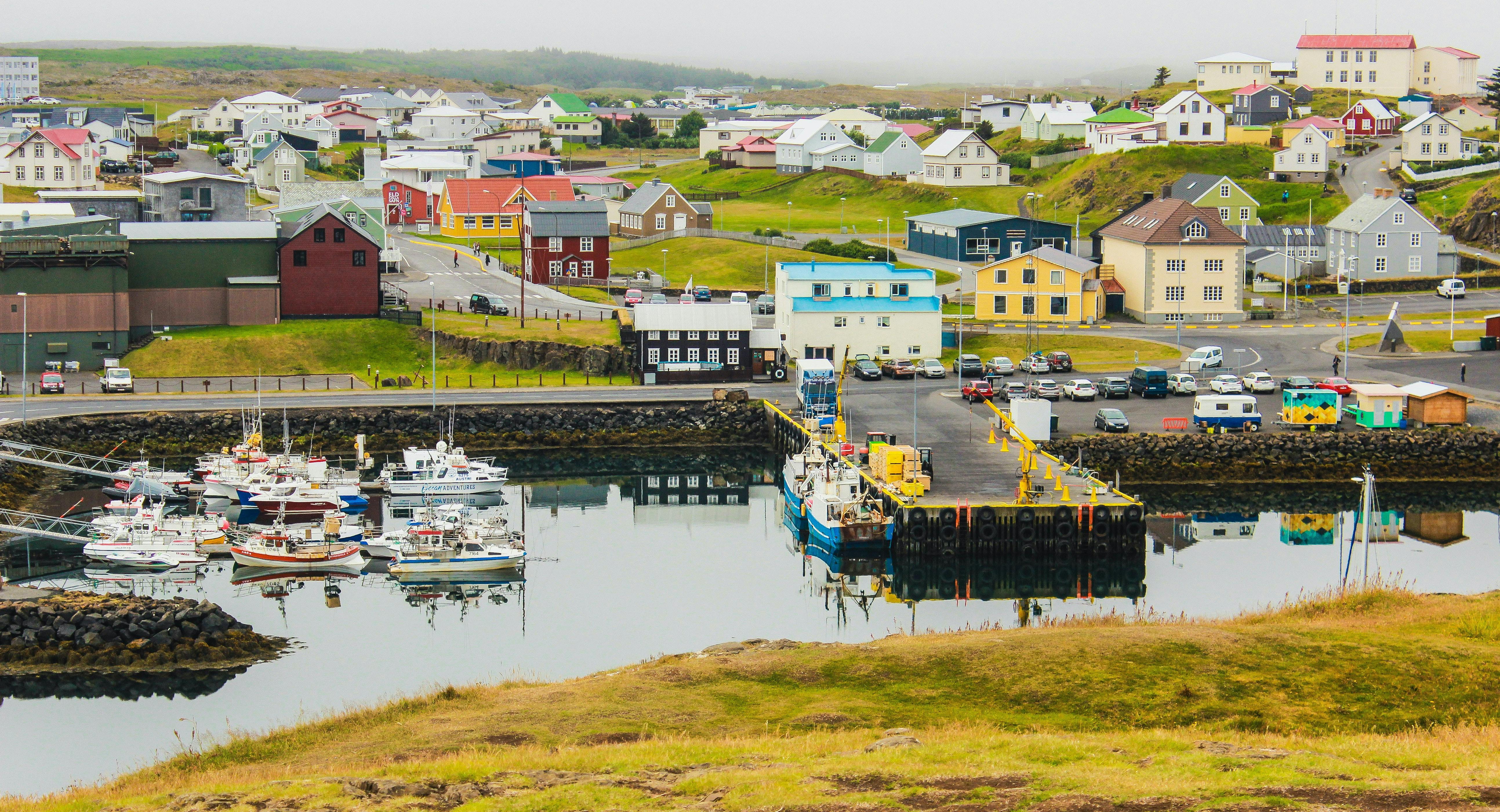 Stykkisholmur harbor, small fishing boats and colorful old houses