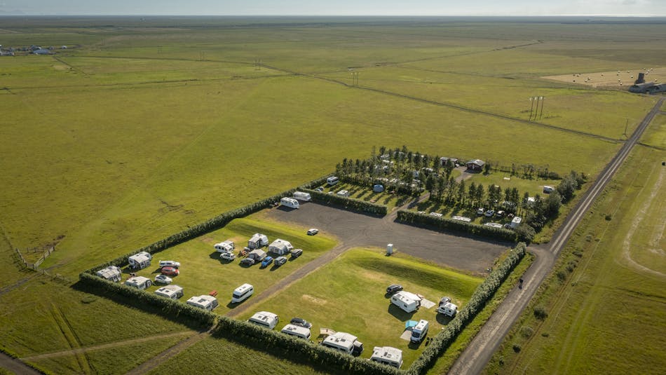 Drone picture of a beautiful and large camp ground in Iceland