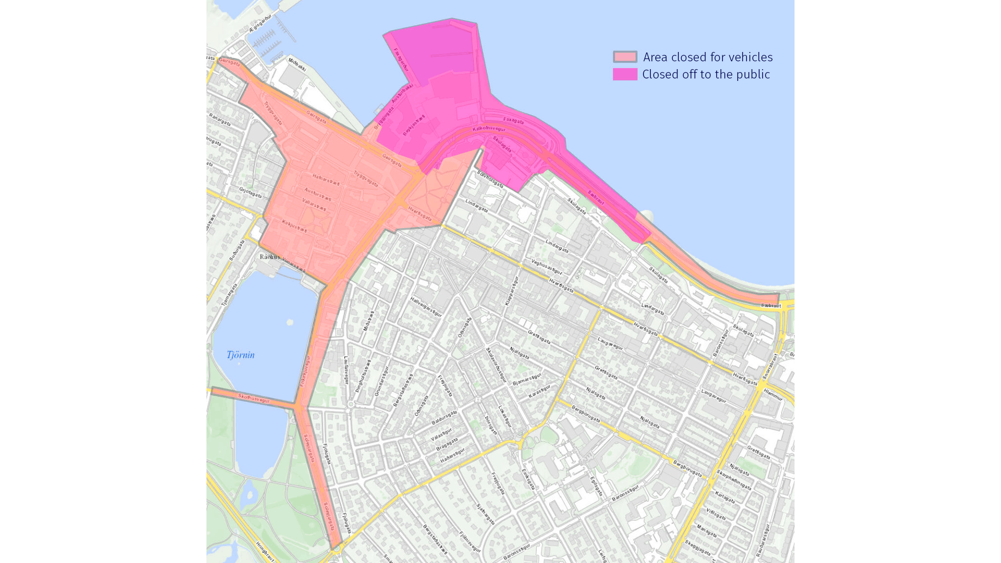A map of downtown Reykjavik displaying streets closed for traffic.