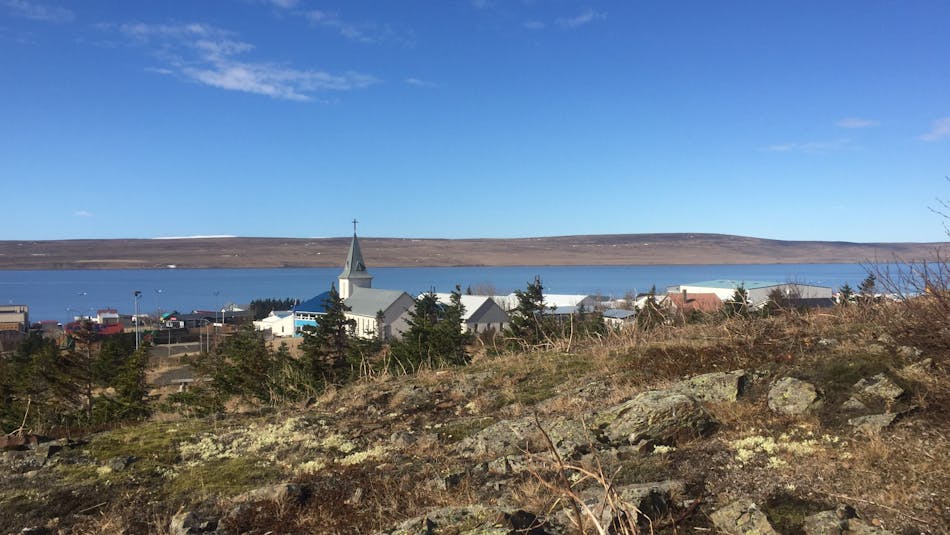 View over Hvammstangi from above,with is church and the Miðfjörður
