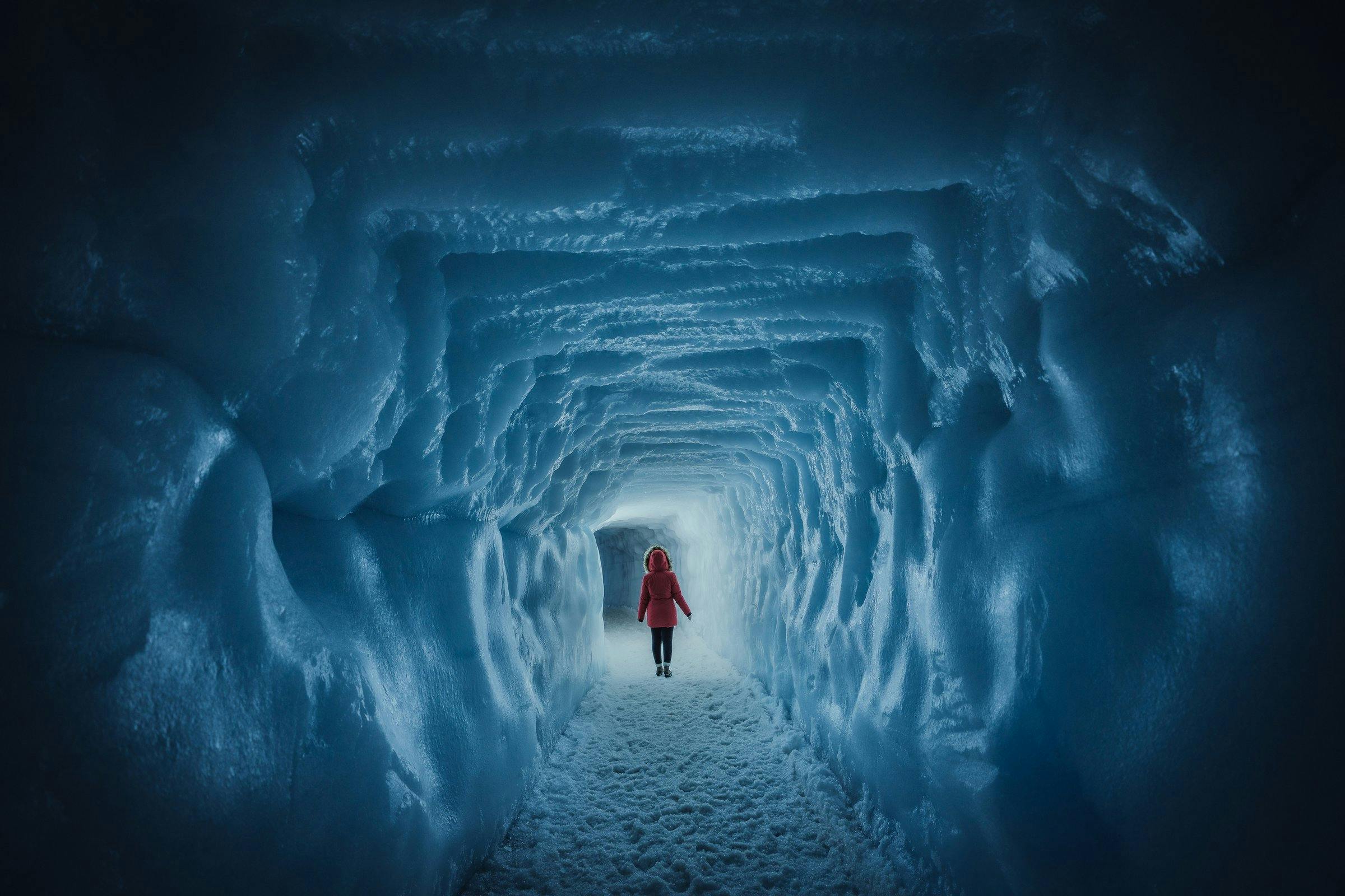 Woman walking through an ice tunnel in the Langjökull glacier